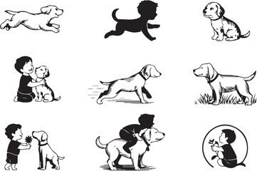 Engraving Child and Dog sketch hand drawn line art Silhouettes vector art illustration set