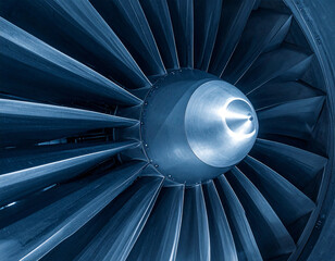 Close-up of a powerful jet engine turbine with intricate fan blades reflecting light