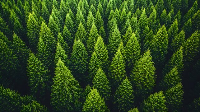 Aerial view of a dense lush green forest canopy a vast expanse of evergreen trees creating a natural textured pattern from above