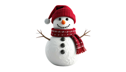 Charming Christmas Snowman Wearing Red Winter Hat and Scarf.