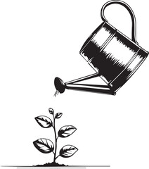 A nurturing symbol of growth and care, a watering can tenderly irrigates a young plant, symbolizing nurturing and sustainable development.