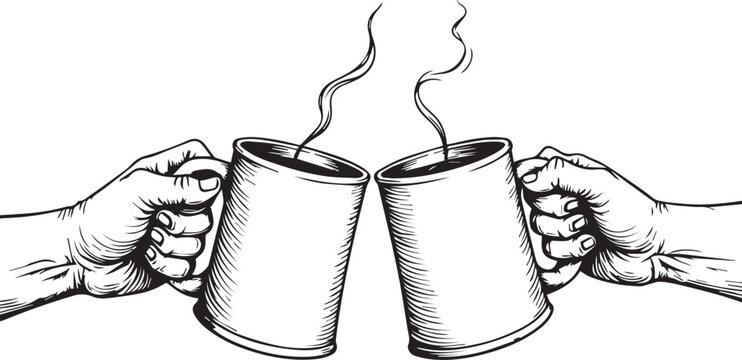 Two hands clinking mugs in a joyful toast, a moment of camaraderie and shared warmth. Evokes a sense of togetherness.
