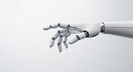 Close up of a robot hand reaching out isolated on white background, artificial intelligence concept