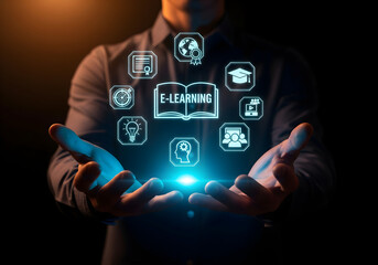 Person using laptop with e-learning interface and education icon. online learning concept, digital education, virtual classroom, knowledge sharing, training study course, remote academic development