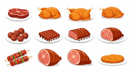 Twelve food illustrations depict various meats steak roasts ribs sausages meatballs shish kebabs fried chicken
