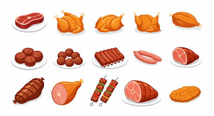 Twelve food illustrations depict various meats steak roasts ribs sausages meatballs shish kebabs fried chicken