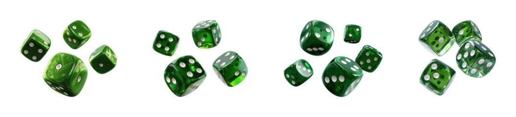 Rolling green dice game elements on, isolated on transparent background, png set