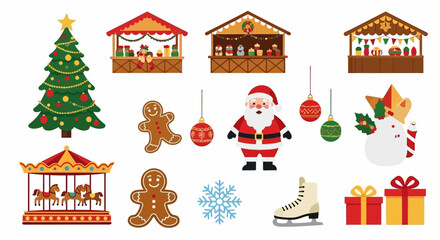 Christmasthemed vector illustration with tree stalls gingerbread Santa ornaments carousel snowflake skate and gift