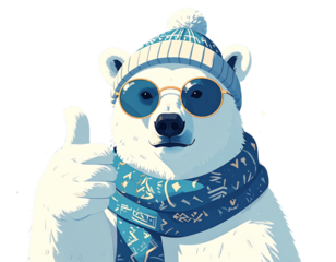 Stylized Winter Polar Bear with Accessories — Positive Gesture on Bright Blue Background