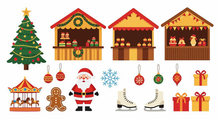 Christmasthemed vector illustration with tree stalls gingerbread Santa ornaments carousel snowflake skate and gift © Avra