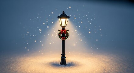 Vintage lamp post illuminates snowy night with falling snowflakes