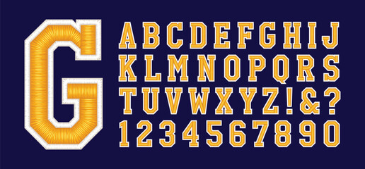 A sports or collegiate-style alphabet. This font has 3d embroidered thread effects.

