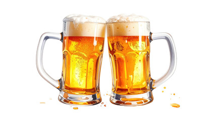 Two frosty beer mugs clinking together for a celebration toast.