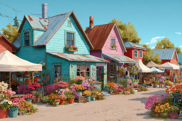 Charming street market with colorful wooden houses, vibrant flowers, and outdoor stalls under clear blue sky. scene is lively and inviting, showcasing quaint village atmosphere