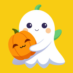 T-shirt Cute Vector Ghost Hugging A Pumpkin Fun Illustration
