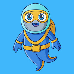 T-shirt Funny Ghost In Scuba Diving Suit Cute Cartoon Illustration