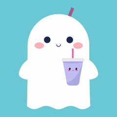 T-shirt Ghost Drinking Bubble Tea Kawaii Illustration Vector
