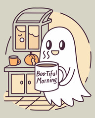 T-shirt Ghost Drinking Coffee Mug Boo Tiful Morning Cute Cartoon