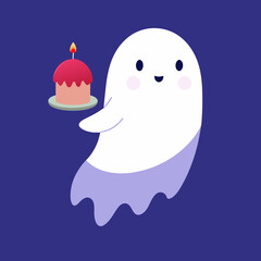 T-shirt Ghost Floating With A Birthday Cake Cute Cartoon Illustration