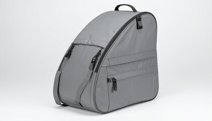 Angular gray gear bag with zippers and handle on neutral surface.