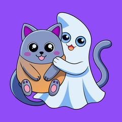 T-shirt Ghost Hugging A Cute Cat Flat Design Cartoon Vector