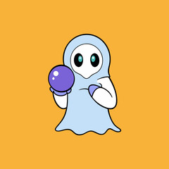 Obraz premium T-shirt Ghost Holding Glowing Crystal Ball Magical Cartoon Vector