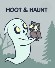 T-shirt Ghost Holding Owl Hoot Haunt Cute Cartoon Illustration