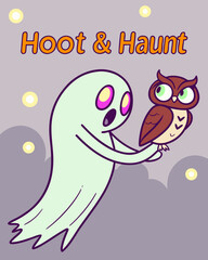 T-shirt Ghost Holding Owl Hoot Haunt Fun Cartoon Vector