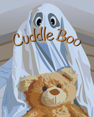 T-shirt Ghost Hugging Teddy Bear Cuddle Boo Fun Cartoon Illustration