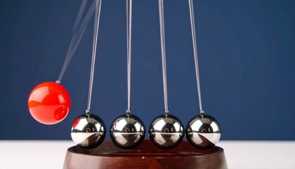 Red sphere raised in Newton’s cradle with silver balls aligned.