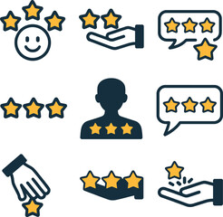 Customer five stars rating icons set with review signs good service client satisfaction user experience and best feedback vector illustration for stock use