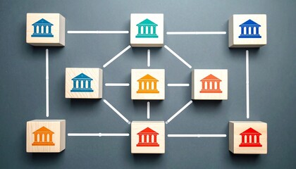 Interconnected bank icon blocks with arrows on blue grid.