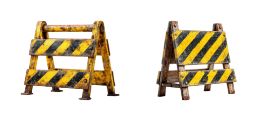 Construction safety barriers on job site industrial, isolated on transparent background, png set