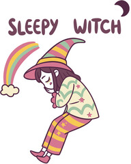 T-shirt Witch In Pajamas Sleepy Witch Casual Rounded Cartoon