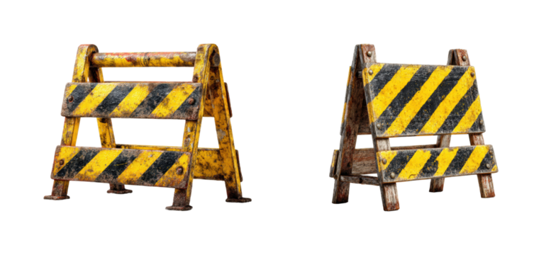 Construction safety barriers on job site industrial, isolated on transparent background, png set