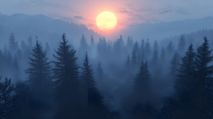 Misty evergreen forest at dawn illuminated by a glowing sun over mountains