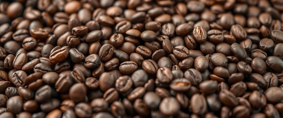 Obraz premium Close-up of rich brown coffee beans, scattered background, agriculture, coffee shop