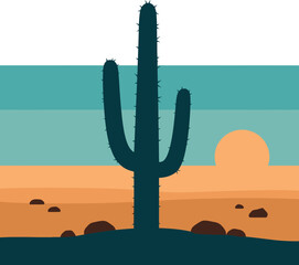 Desert Landscape Silhouette with Saguaro Cactus and Sun