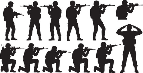 Silhouette soldiers combat poses set