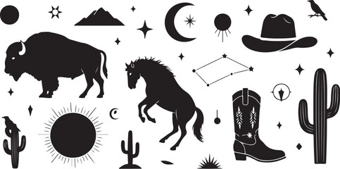 Western boho elements silhouette collection