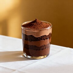 Layered chocolate mousse and cake in clear glass cup on white table, rich cocoa dessert with natural light, gourmet sweet treat for cafe menu, bakery promotion, and social media