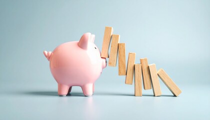 Pink piggy bank facing falling wooden dominoes on light background.