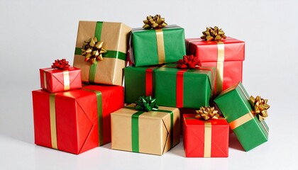 Obraz premium Festive gift boxes in red, green, and gold with ribbon bows.