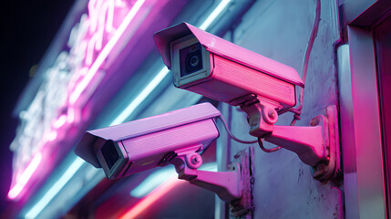 Smart cameras and AI security systems operate silently under colorful neon lights