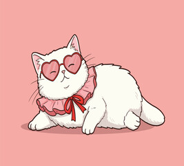 A white cat with heartshaped sunglasses and a pink ruffle collar is lying on its back, radiating charm and whimsy on a pink background