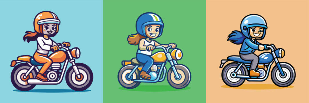 Three cartoon women riding classic motorcycles with helmets and different colored outfits.