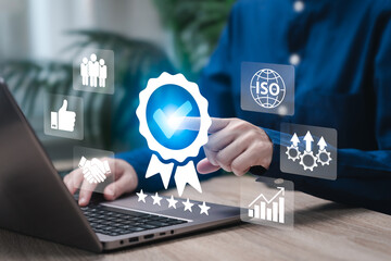 Quality Control and Customer Satisfaction Concept, Businesswoman Showing ISO Icon, Product Standards, Corporate Quality Assurance, Client Trust, Compliance, Continuous Business Improvement Strategy