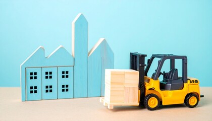 Toy forklift lifting block beside blue building blocks on beige surface.