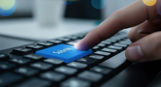 Close up of a finger pressing a glowing blue submit button on a black computer keyboard