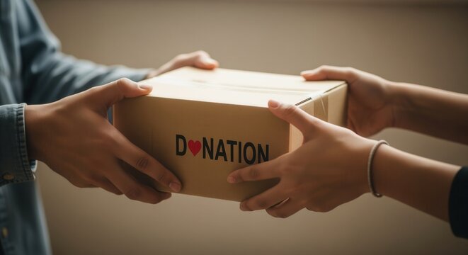 Close up of hands exchanging a cardboard box labeled DONATION with a heart symbol